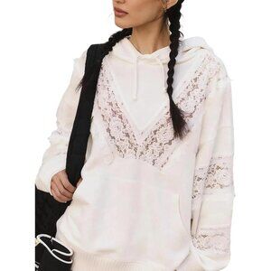 Women's Cotton Lace Eyelet Hoodie Ruffle Long Sleeve Kangaroo Pocket
